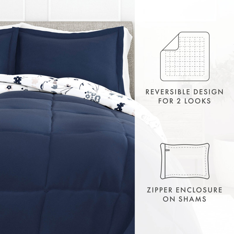 Twin Navy Floral Down Alternative Reversible Comforter Set