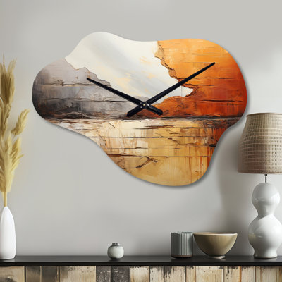 Grey Orange Grey And Orange Geological Wonders - Dams Asymmetrical Metal Wall Clock, Grey Cloud Metal Clock Print