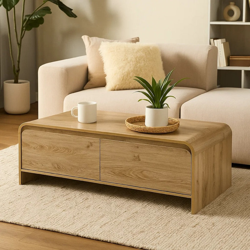 Table basse Maria, 2 tiroirs et cascade, en bois, 47 po, Beige naturel