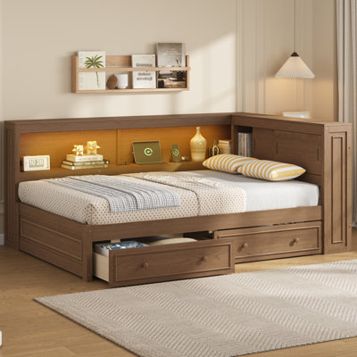 Full Size Wood Daybed with Storage Drawers, Shelves, LED Lighting & USB Charging Station, Antique Wood Color