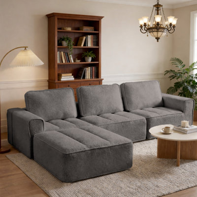 110" Convertible Modular Sectional Sofa with Movable Ottoman,Fluffy Fabric L-Shaped Cloud Couch