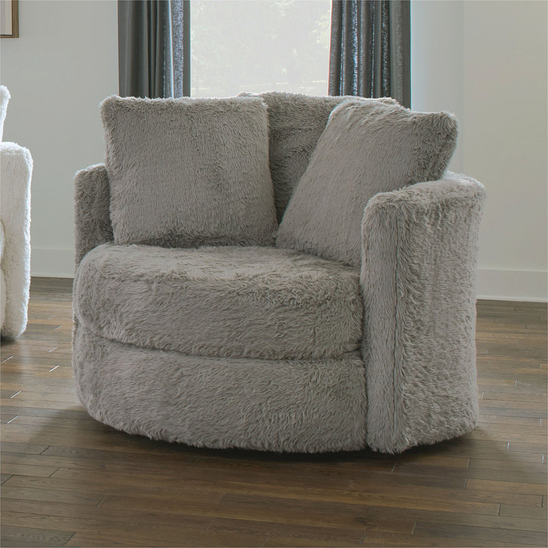 Fauteuil d'appoint pivotant Rane, chenille, forme de tonneau, bois massif, Gris chenille