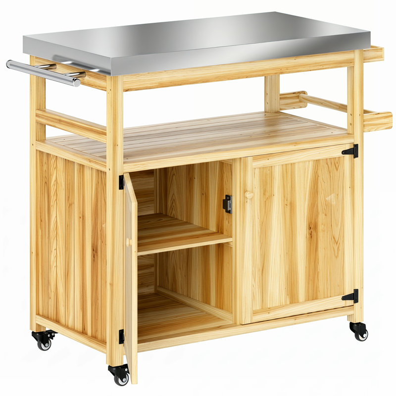 Chariot pour barbecue et îlot de cuisine en bois massif - plateau en acier inoxydable, roues verrouillables, armoires de rangement spacieuses