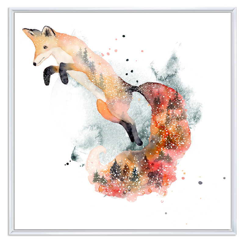 Dessin de renard orange II - peinture sur toile, H 16 po x l 16 po x P 1 po, Cadre flottant blanc