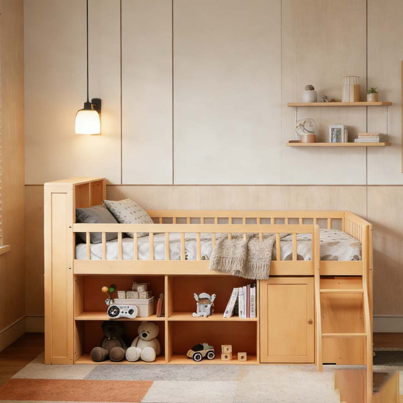 Lit mezzanine double avec rangement, Bois, Lit double