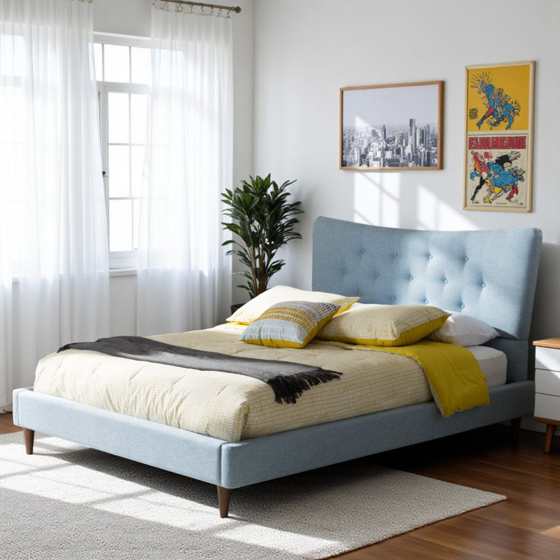 Reverie Queen Size Platform Bed, Mid-Century Modern Blue Fabric, 45.32'' H X 66.12'' W X 87.44'' L, Blue, Queen