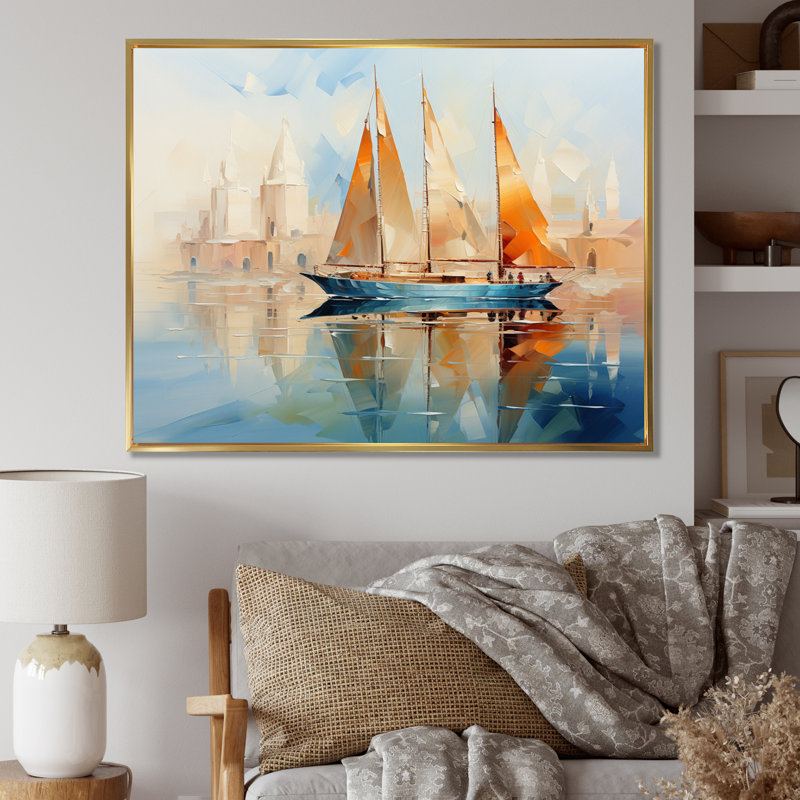 Bateau abstrait maritime, symphonie maritime III, art mural sur toile, H 24 po x l 32 po x P 1 po, Cadre flottant doré