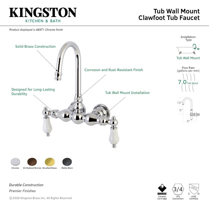 Kingston Brass Aqua Vintage Two-Handle 2-Hole Tub Wall Mount Clawfoot Tub Faucet, Polished Chrome