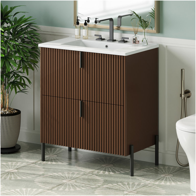 Meuble-lavabo de 30 po avec lavabo en céramique, équipé de poignées verticales et de tiroirs pleine extension, meuble-lavabo autoportant avec glissières de tiroir à fermeture en douceur, conception cannelée, brun foncé