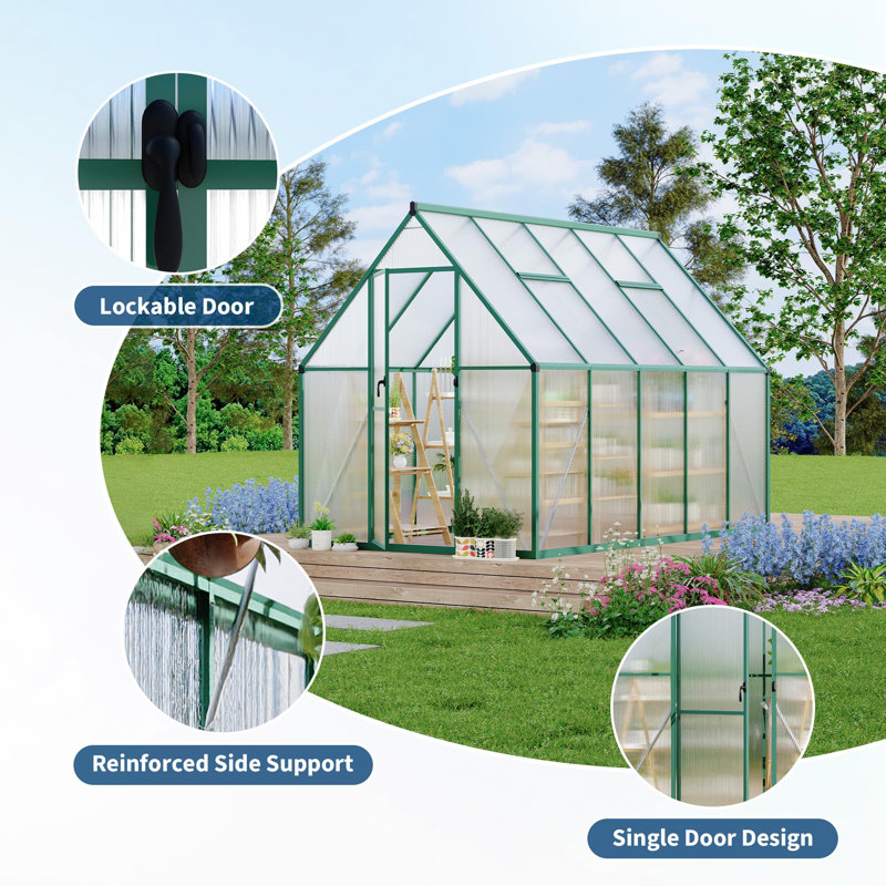 Serre en polycarbonate robuste de 6 pi x 9 pi - Cadre en aluminium, portes à double battant, évent de toit, gouttière, installation facile rapide, pour les plantes de jardin, vert