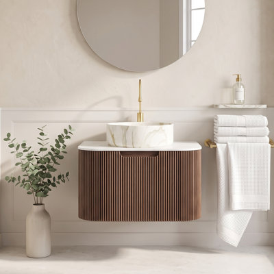 Meuble-lavabo mural 24 po en contreplaqué, noyer foncé, conception à rayures incurvées et tiroir de rangement imperméable et résistant à l'humidité, pré-assemblé