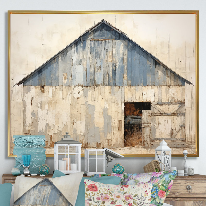Beige et bleu grange - art mural de grange, Cadre flottant doré, H 16 po x l 32 po x P 1 po