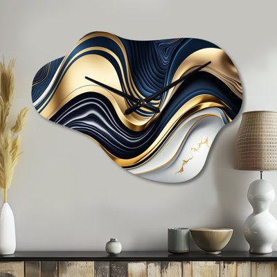 Géode abstraite vagues bleues et dorées IV - Grande horloge murale bleue - forme unique