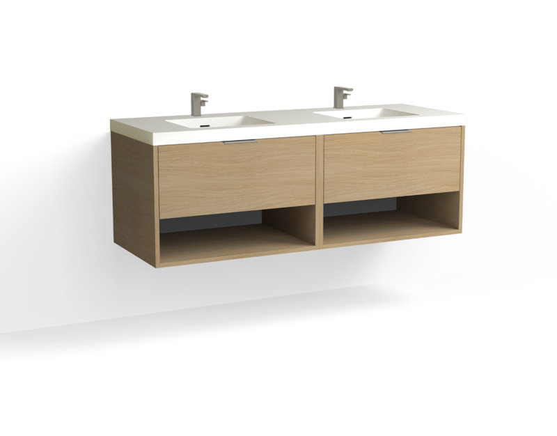Modo 60" W Wall Mounted Double Bathroom Vanity, Glossy White/8" Widespread, Nocino, Satin Brass