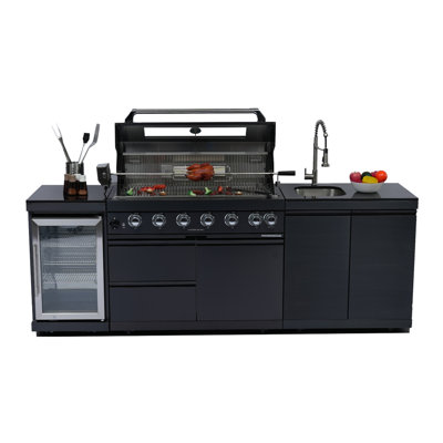 43-Inch 6-Burner Stainless Steel Outdoor Kitchen Island With Sink, Refrigerator & Rotisserie
