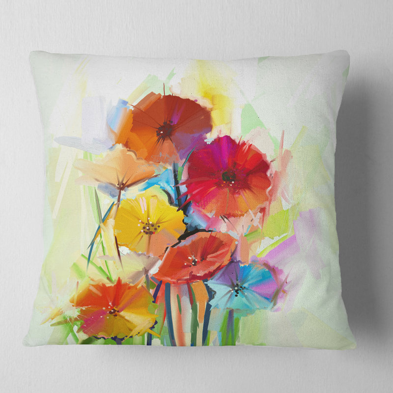 Fleurs de gerbera jaunes et rouges - coussin à imprimé floral, 18 po x 18 po, Coussin décoratif