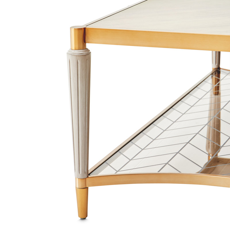 Dove Gray Wood and Bronze Rectangular Cocktail Table with Etched Glass Shelf