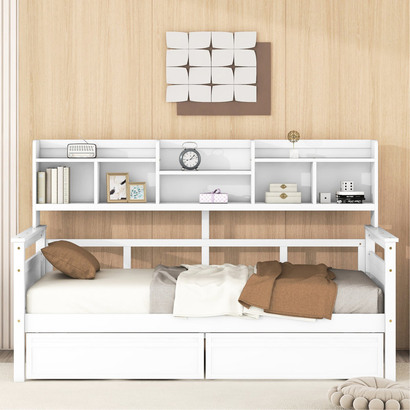 Twin Daybed With White Color, Bedside Shelves, Wood Slat Support, And Two Drawers - A Well Made Furniture Piece Designed Product