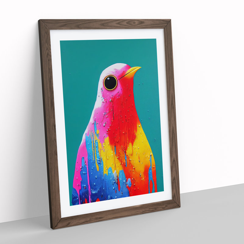 Dripping Paint Bird No.1 Abstract - Single Picture Frame Painting, 64cm H x 46cm W x 2cm D, Walnut