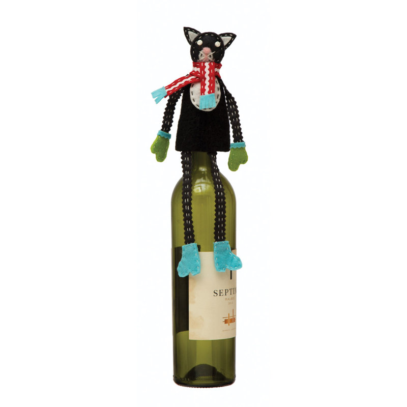 Handmade Fabric And Wool Felt Cat In Scarf Bottle Topper With Embroidery And Applique