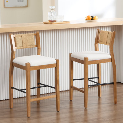 Ensemble de 2 tabourets de bar en bois massif Farmhouse avec dossier en corde tressée, tabouret bas rembourré pour bar et îlot de cuisine