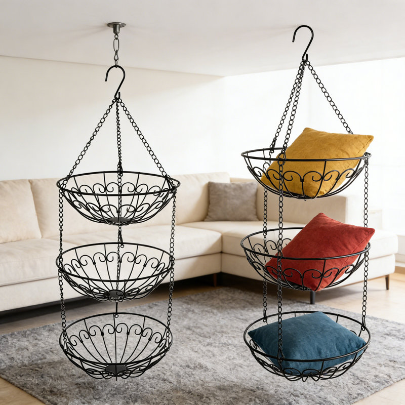 Panier à fruits et légumes suspendu à 3 niveaux, support de rangement robuste en fil métallique avec crochet pour la cuisine, organisateur rustique pour pommes de terre, oignons, bananes et plus