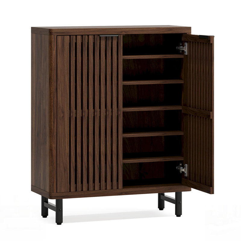 Modern 6-Tier Shoe Cabinet With Louvered Doors,  For Organized And Stylish Storage Solutions, Dark Walnut