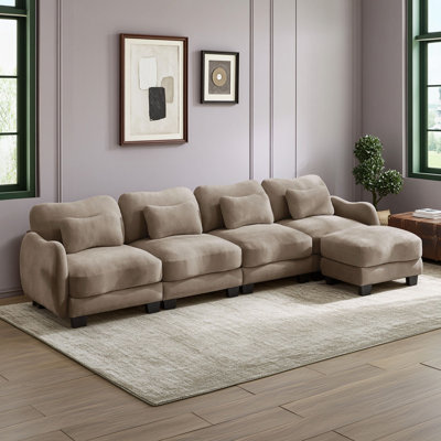 L-Shaped Modular Sofa with Ottoman, Curved Arms, Thick Cushions and Lumbar Pillows for Living Room