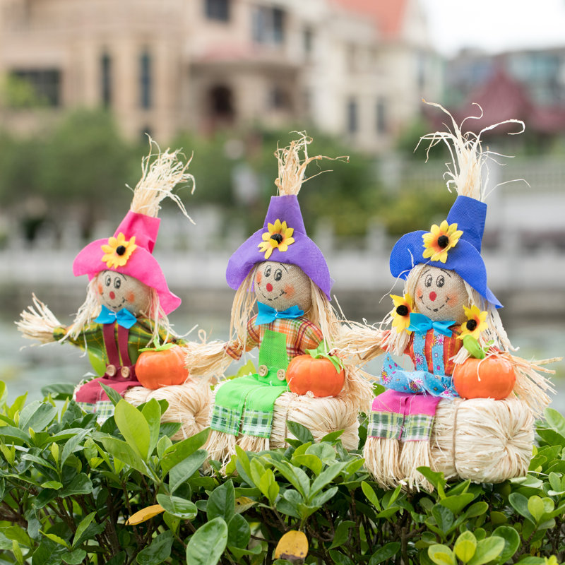 Multicolor Fabric and Hay Trio Scarecrows for Halloween and Fall Decor