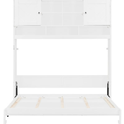 Queen Size White Bed Featuring Stripes, Wall - Mounted For Room Space Optimization, And 6 8 Inch Mattress Fit With Generous Storage, Maximization, 600 Lbs Weight Limit