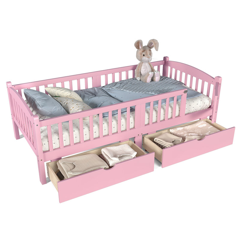Lit plateforme simple TG avec garde-corps pleine longueur, lit plateforme pour enfants avec tiroirs de rangement, tête de lit enfantine et mignonne, rose