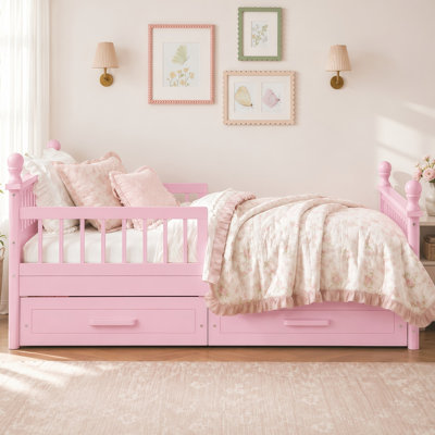 Wooden Platform Bed with Safety Guardrails and 2 Under Storage Drawers