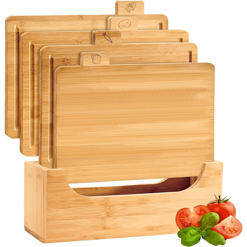 4 Pcs Bamboo Chopping Board Set with Stand, (29.97X24.38cm) Wooden Cutting Boards for Kitchen, Eco-Friendly Durable, Hygienic & Non-Slip Easy-to-Clean Kitchen Cutting Boards for Meat Vegetable & Bread