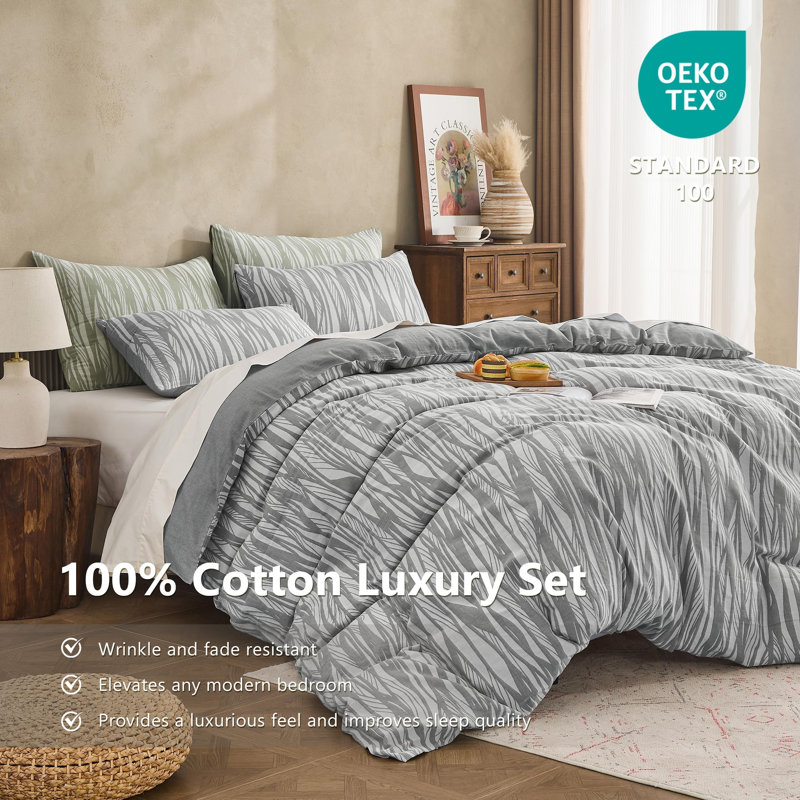 100% Cotton Yarn-Dyed Jacquard Duvet Floral Duvet Cover Set, Queen Duvet Cover + 2 Standard Pillowcases, Gray Branch