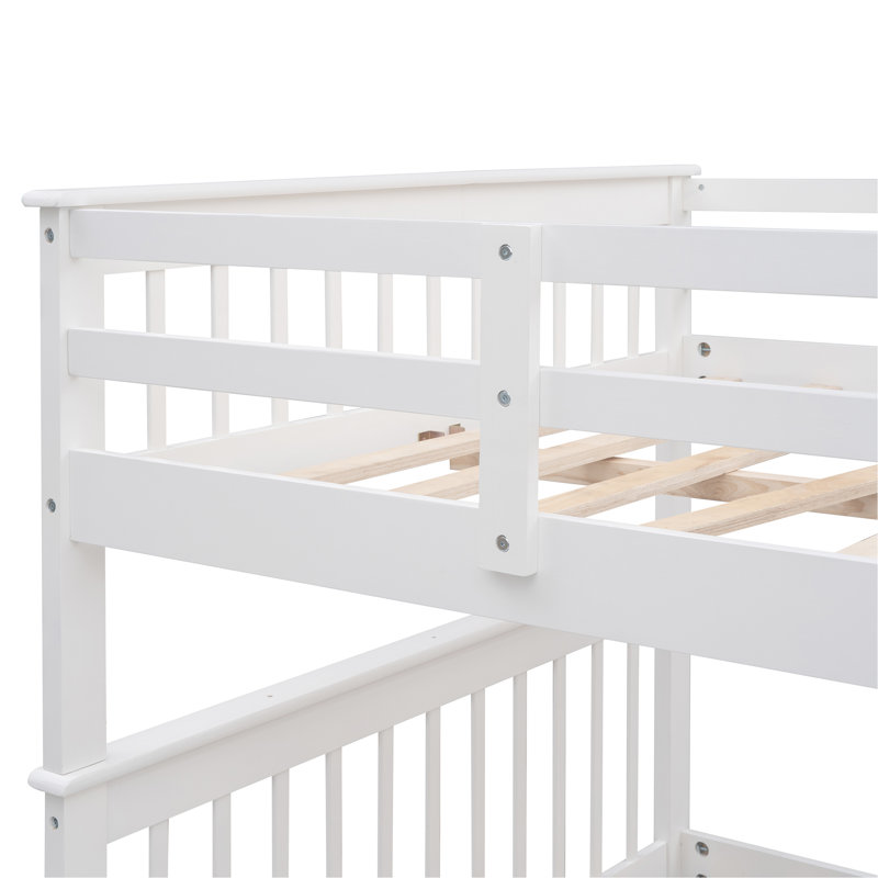 Lit superposé double sur escalier avec rangement et garde-corps pour chambre à coucher, dortoir, couleur blanche