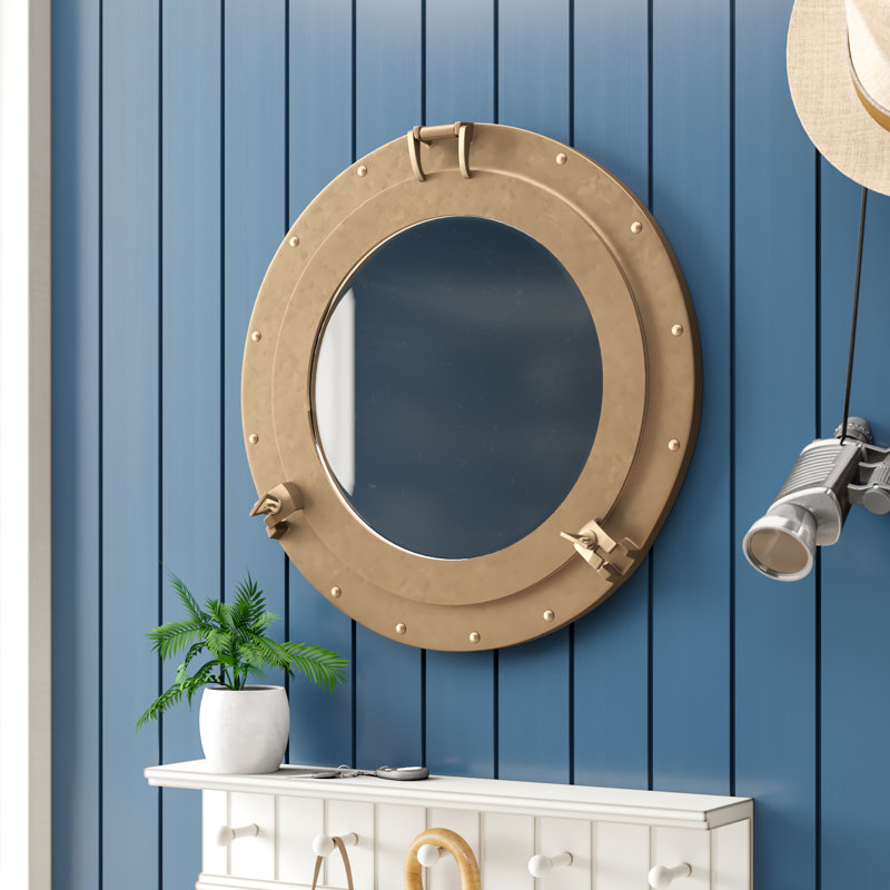 Miroir mural hublot, H 24 po x l 24 po, Laiton antique