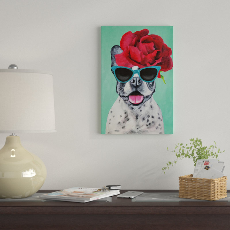 « mode bouledogue turquoise » par coco de paris, reproduction d’art sur toile tendue, H 12 po x l 8 po x P 0,75 po