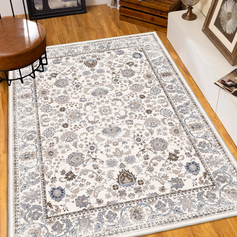 8x10 Washable Area Rug, Vintage Bohemian Style Floor Mat, Non-slip For Bedroom Living Room Outdoor Area, Khaki Beige Floral Washable, Kitchen Decor, Khaki/beige Print