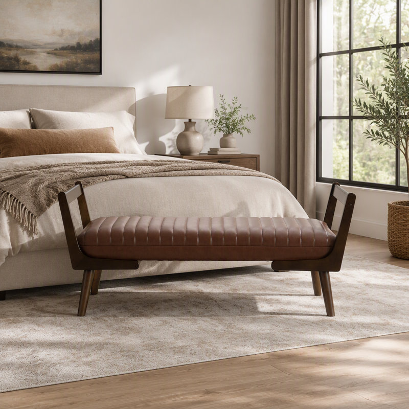 Banc Mid-Century, repose-pieds avec repose-pieds, Cognac