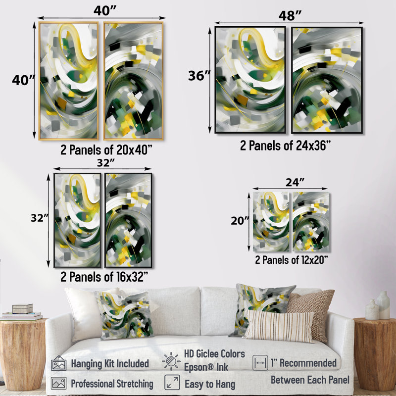 «Yellow and Green Abstracted Perspectives I», art mural moderne à 2 panneaux, 40" H x 40" W, Impression encadrée flottante