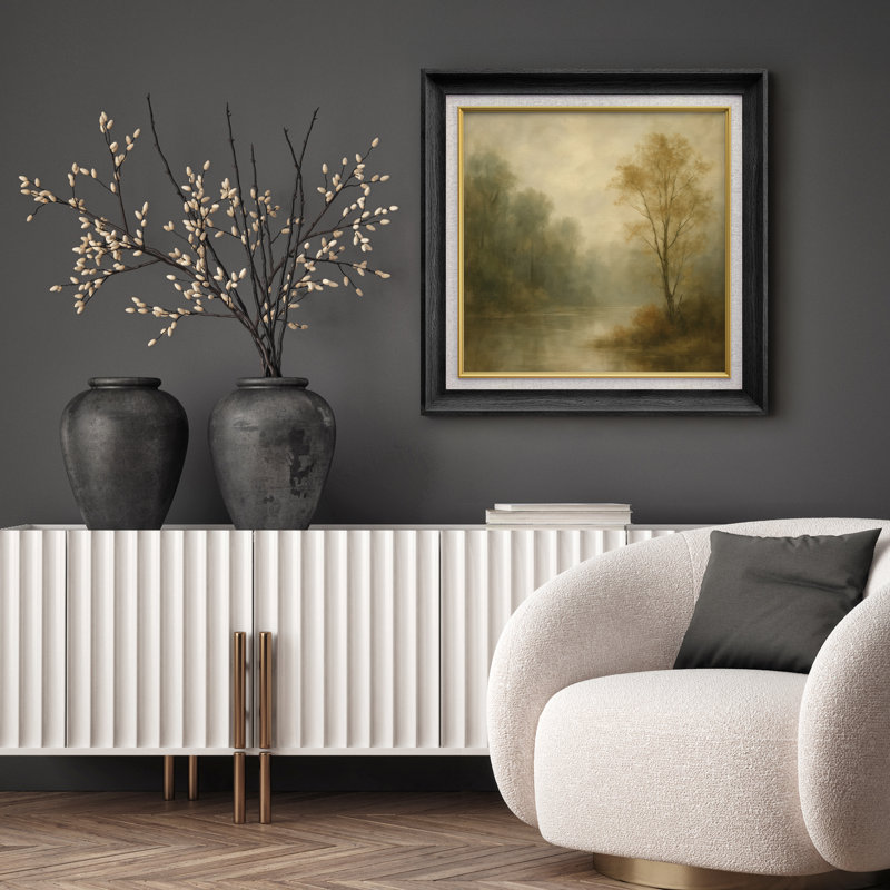 «Misty Forest River Landscape with Soft Neutral Tones», reproduction d'art sur toile encadrée, H 26 po x l 26 po x P 1,5 po