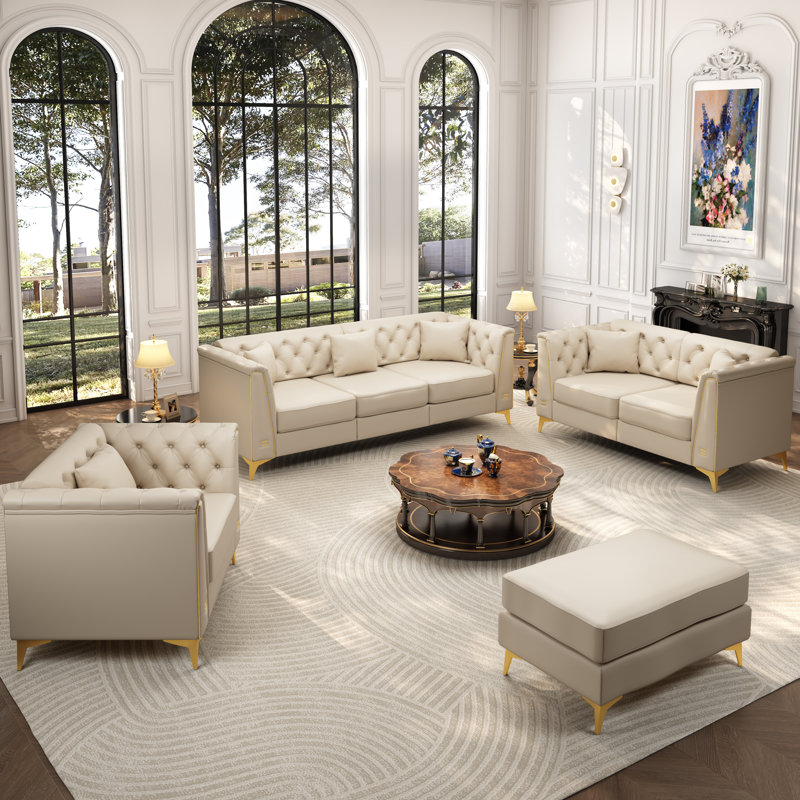 Ensemble de canapés luxueux 4 pièces Chesterfield, 4 Pieces: Chair, Loveseat, Sofa, Ottoman, Beige
