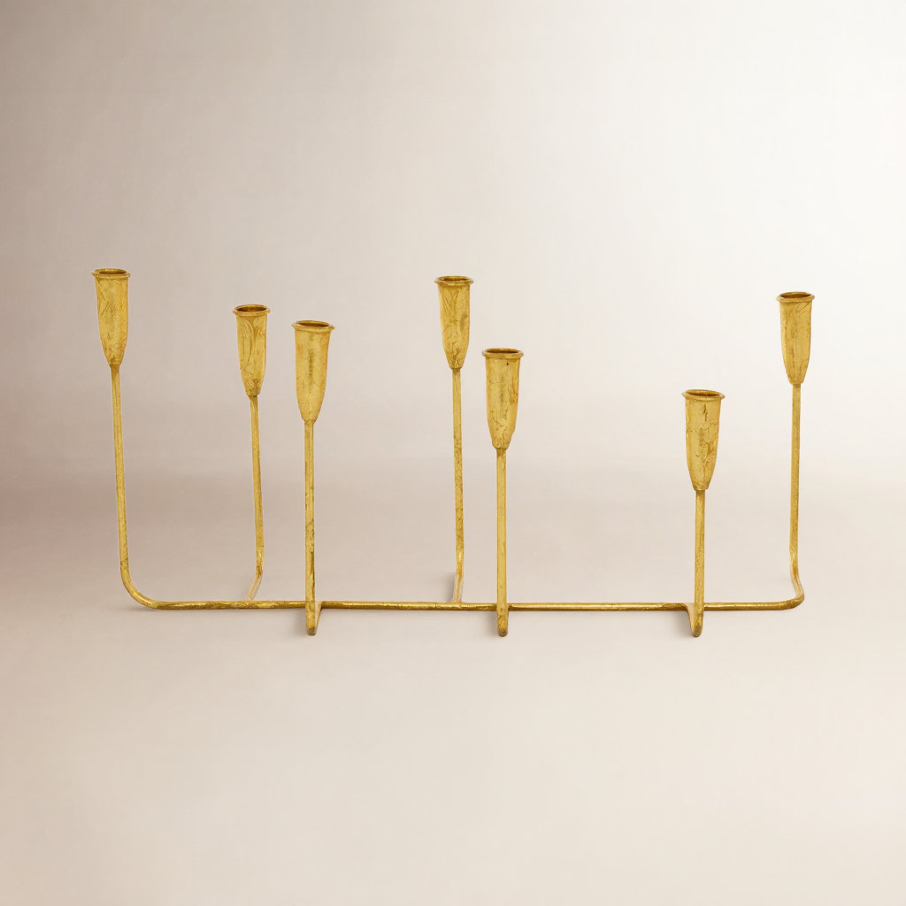Modern Metal Candelabra Holder, Gold, 10" H x 20.6" W x 7.4" D