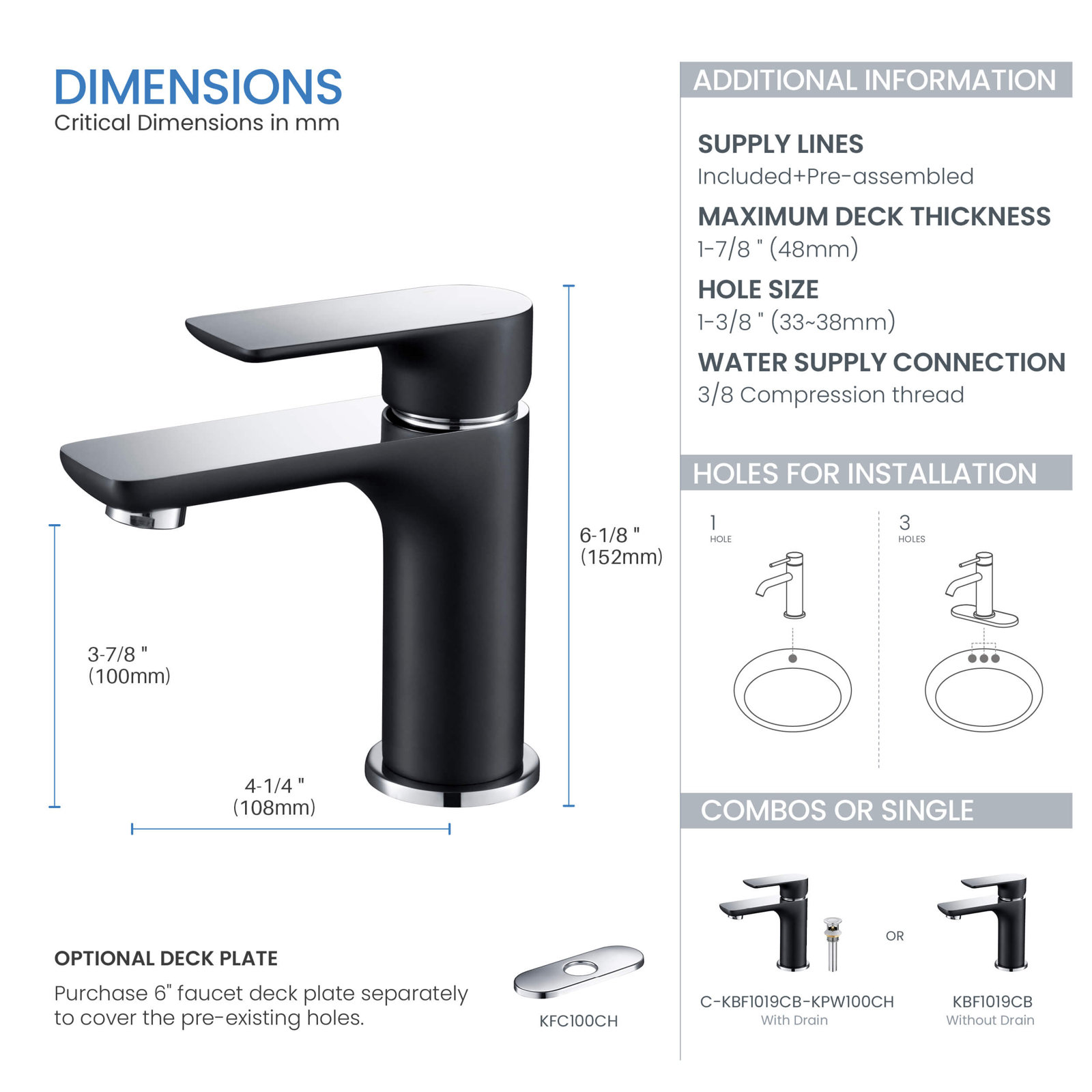 Tender Single Hole Bathroom Faucet with Drain Assembly, Chrome/Matte Black