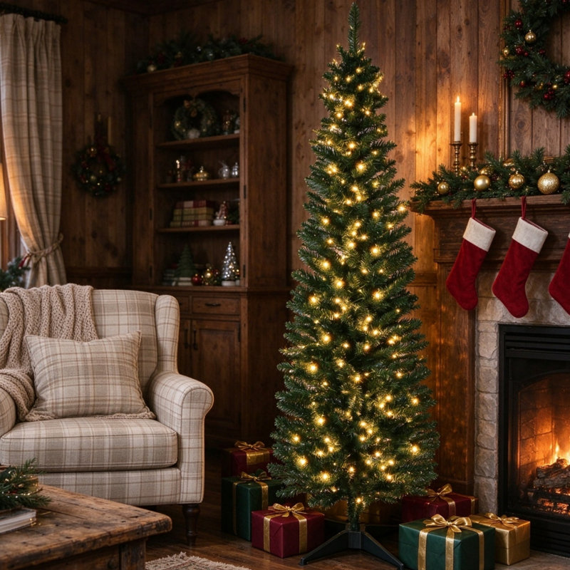 7ft Pre-Lit Slim Noble Fir Artificial Christmas Tree, 499 Tips with 200 Warm White LED Lights, Green