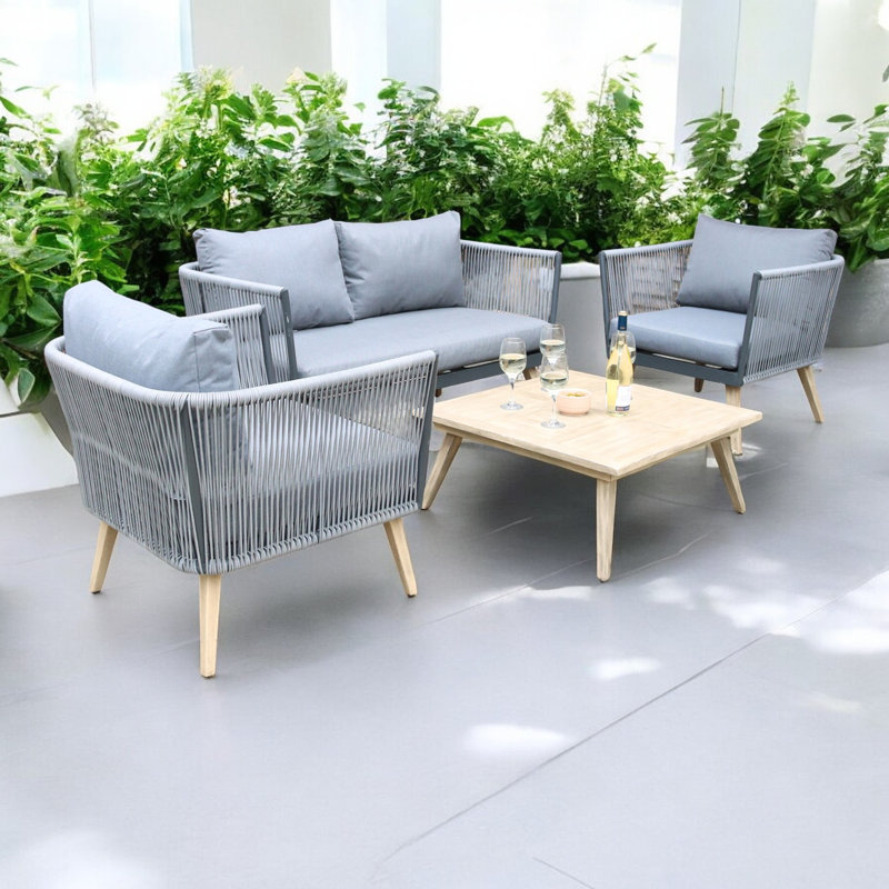MILAN 4 Seater 4pc Lounging Coffee Set 2 Seater Sofa, 2 Armchairs including Cushions with Aluminium Wood Look 80cm Square Coffee Table
