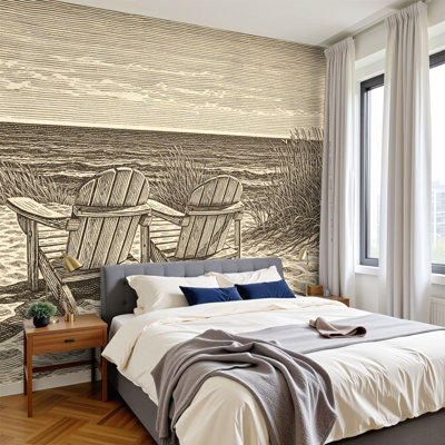 Rustique, papier peint auto-adhésif Beach Ocean Sea Coastal Beach Chairs Abstrait Seascape Seaside Wall Murals, papier peint amovible en PVC, H 100 po x l 144 po, pour salon, chambre, bureau à domicile