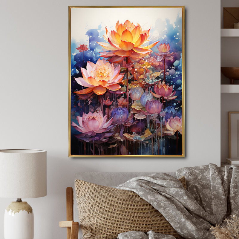 Orange orange, art bouddhiste lotus mandala - art mural bouddhisme, 24" W x 32" H, Cadre flottant doré