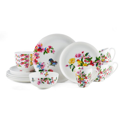 Butterfly Garden 16-Piece Lightweight Chip-Resistant Bone China Dinnerware Set, Service for 4