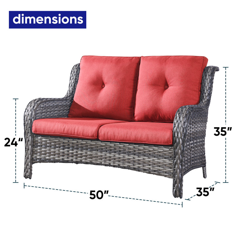 Schutt 50" Wide Outdoor Wicker Loveseat With Cushions, Red, Gray